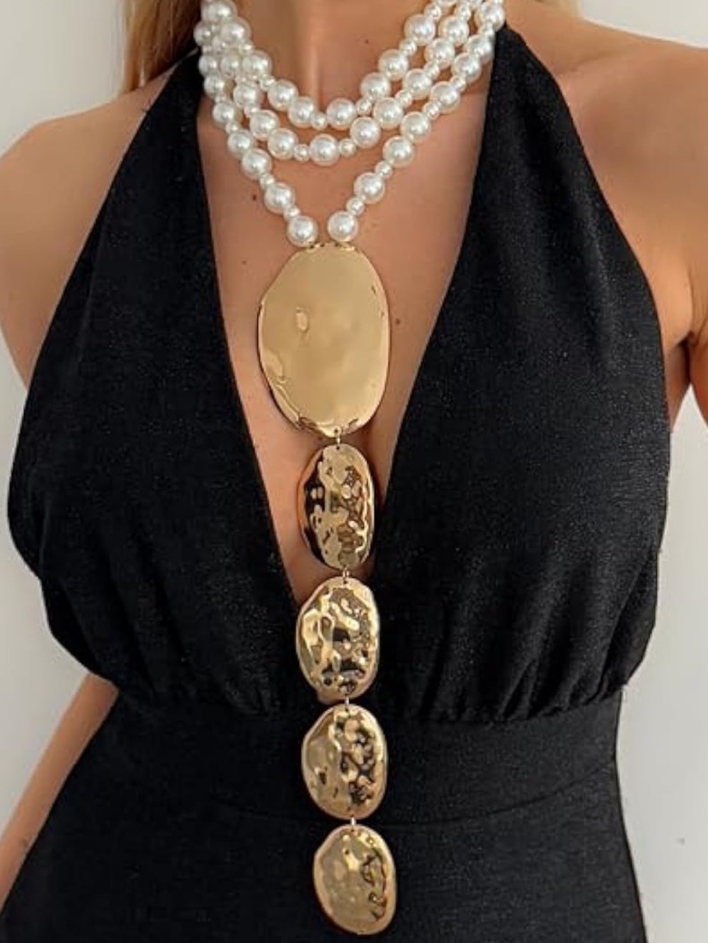 Layered Pearl & Gold Statement Necklace | Runway Glam Jewelry - Picture 4 of 8
